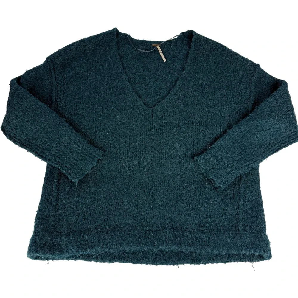 Free People Lofty V-Neck Sweater Forest Teal Green Oversized‎ Boucle Knit Small